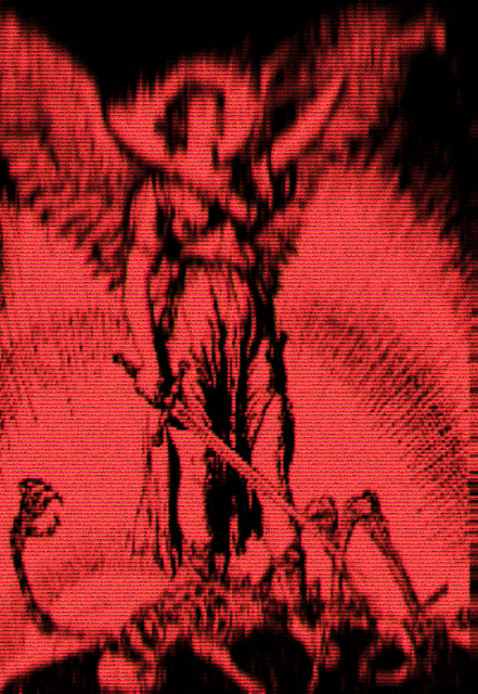 Red background with glitchy black illustration of an angel holding a sword