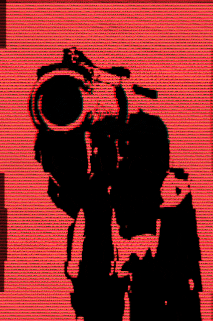 Red background with glitchy black image of a heavily contrasted hand pointing a gun