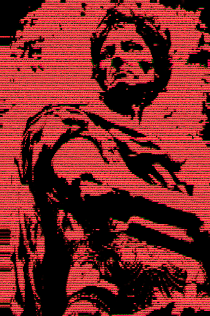 Red background with glitchy black image of a heavily contrasted Julius Caeser