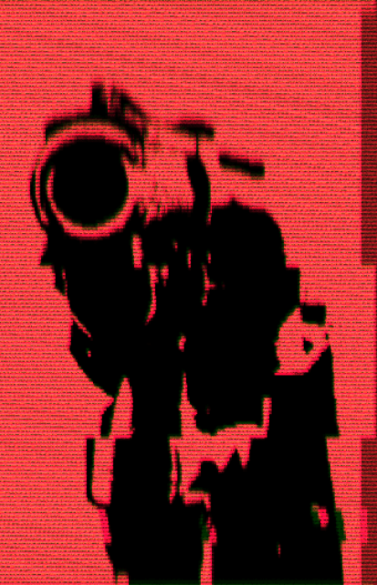 Red background with glitchy black image of a heavily contrasted hand pointing a gun